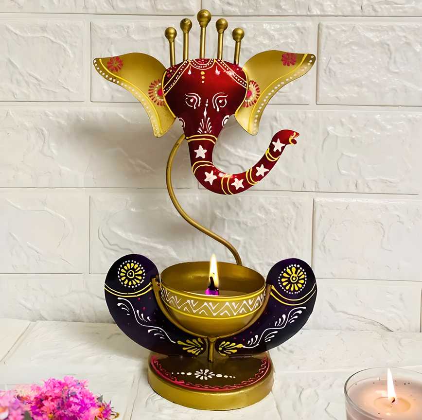 Intricately Crafted Spiritual Ganesha Tealight Candle Holder – Metal Decorative Showpiece